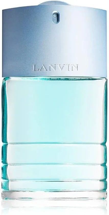 A bottle of Lanvin Eau de Toilette with a metallic silver cap and light blue-green glass body, shown on a white background.