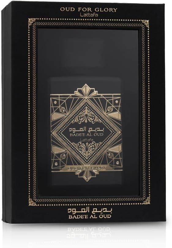 Lattafa Badee Al Oud Oud For Glory fragrance bottle with retail box