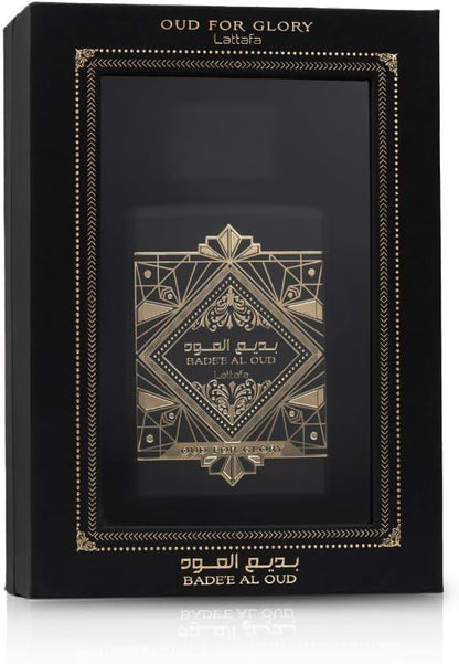 Lattafa Badee Al Oud Oud For Glory fragrance bottle with retail box