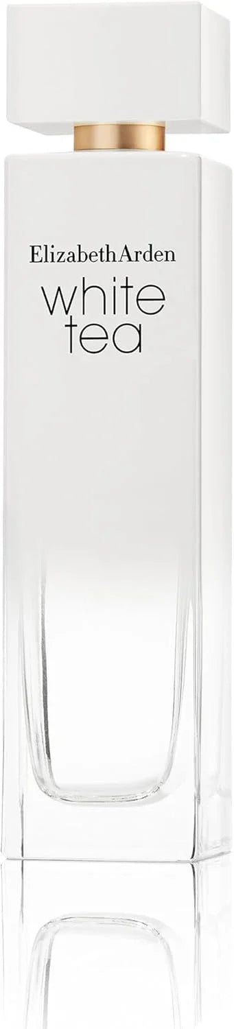 Elizabeth Arden White Tea Eau de Toilette bottle, featuring a minimalist white rectangular glass bottle with a gold collar and a white cap, set against a clean white background with a soft reflection.