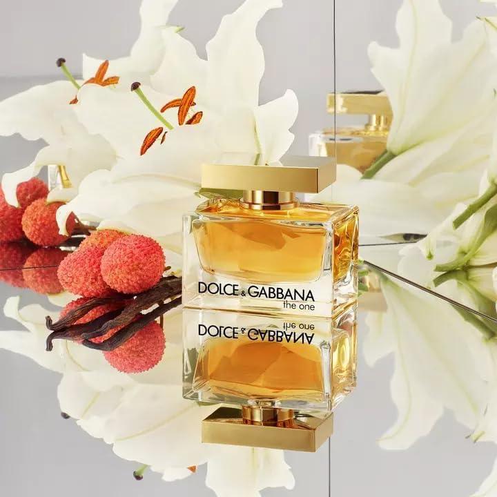 Dolce & Gabbana The One Eau de Parfum 50ml fragrance bottle with white lilies and lychees