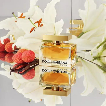 Dolce & Gabbana The One Eau de Parfum 50ml fragrance bottle with white lilies and lychees