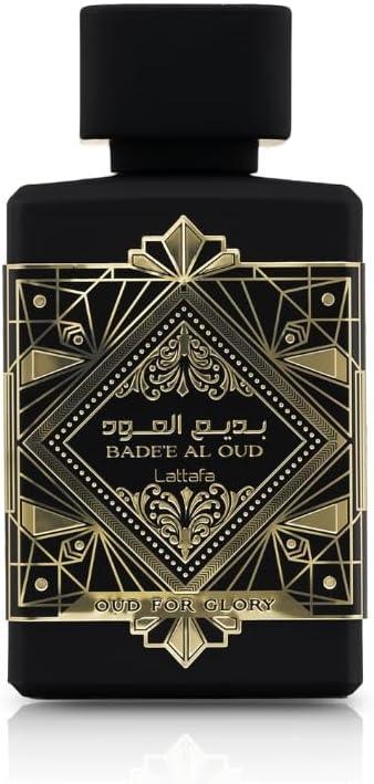 Lattafa Badie Al Oud Eau de Parfum 100ml fragrance bottle with gold geometric design