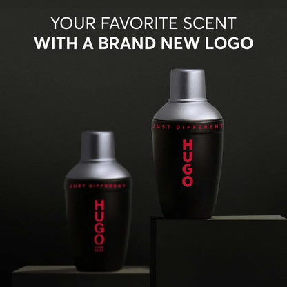 Two black bottles with red text labeled 'Hugo' on a dark background.