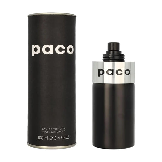 Black and silver Paco eau de toilette perfume bottle with matching cylindrical box, 100ml
