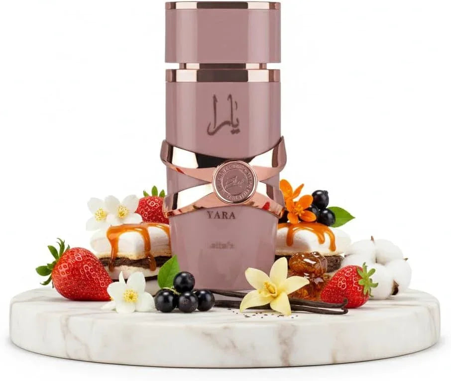 Yara by Ajmal Eau de Parfum 100ml fragrance bottle with strawberries, vanilla, and flowers