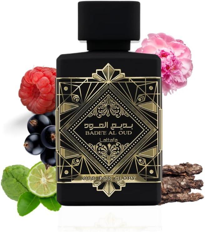 Lattafa Badee Al Oud Oud For Glory fragrance bottle with berries, lime, flower, and wood