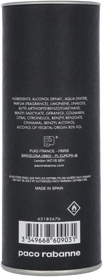 Paco Rabanne fragrance bottle with ingredients and barcode visible on black packaging