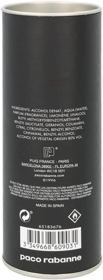 Paco Rabanne fragrance bottle back label showing ingredients and branding details