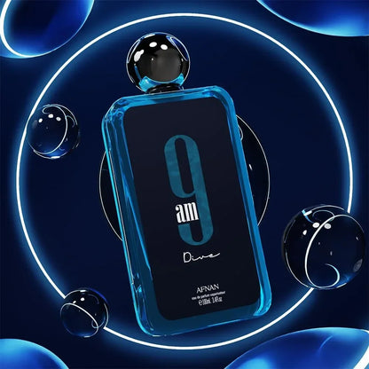 AFNAN 9 AM Dive eau de parfum 100ml fragrance bottle with blue glass and black cap