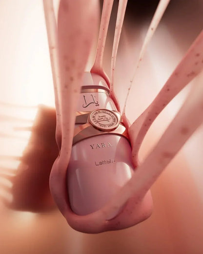 Lattafa Yara Eau de Parfum bottle with pink ribbon wrapping, 100ml