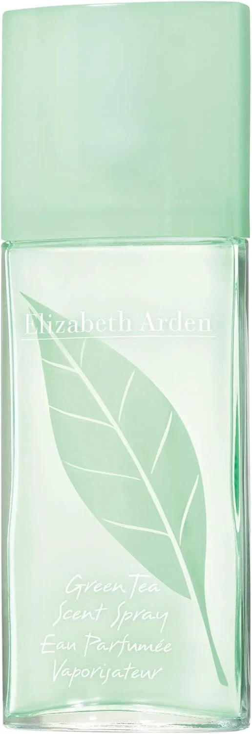 Elizabeth Arden Green Tea Scent Spray bottle with a pale mint green cap and a matching leaf graphic on a clear glass container.
