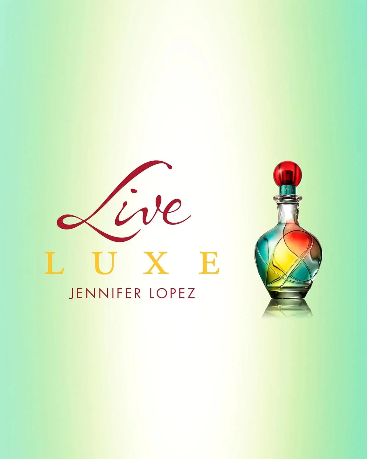 Jennifer Lopez Live Luxe perfume bottle on a light green and white gradient background with red and gold text.