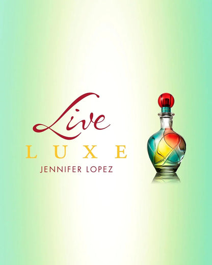 Jennifer Lopez Live Luxe perfume bottle on a light green and white gradient background with red and gold text.