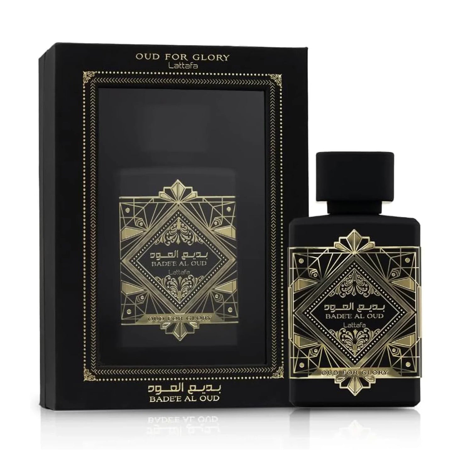 Lattafa Badee Al Oud Oud For Glory fragrance bottle with retail box, black and gold design