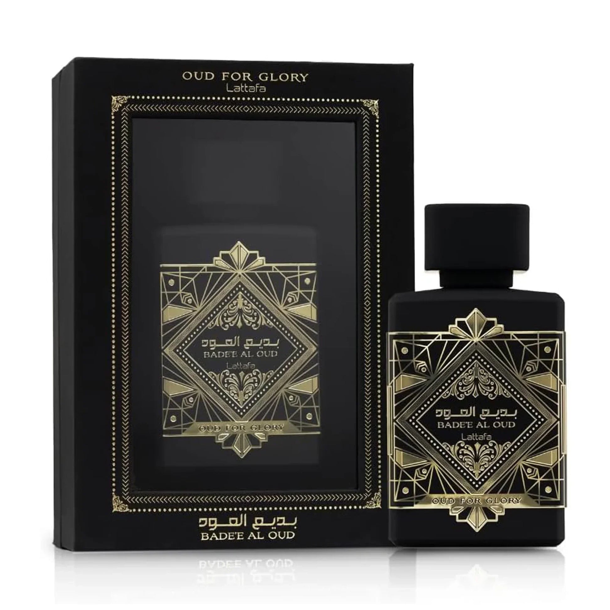 Lattafa Badee Al Oud Oud For Glory fragrance bottle with retail box, black and gold design