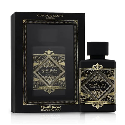Lattafa Badee Al Oud Oud For Glory fragrance bottle with retail box, black and gold design