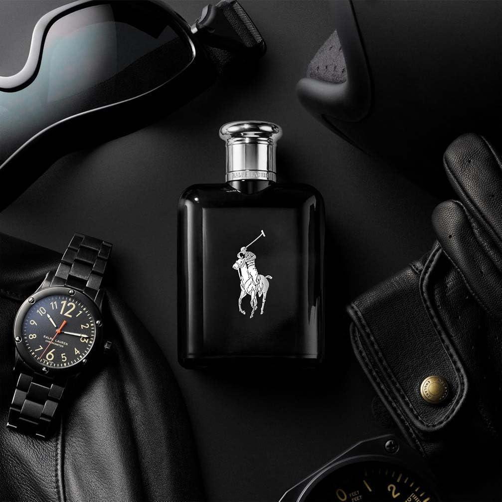 Ralph Lauren Polo Black Eau de Toilette 125ml fragrance bottle with watch and sunglasses