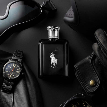 Ralph Lauren Polo Black Eau de Toilette 125ml fragrance bottle with watch and sunglasses