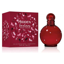 Red Hidden Fantasy Britney Spears perfume bottle and box with whimsical icons, 100ml Eau de Parfum.