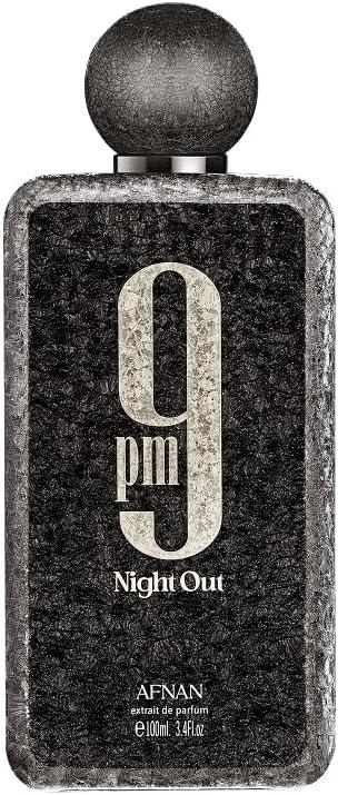 AFNAN 9 pm Night Out extrait de parfum 100ml bottle, featuring a textured black and silver design with a spherical cap.