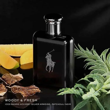 Ralph Lauren Polo Black Eau de Toilette 100ml fragrance bottle with mango and greenery