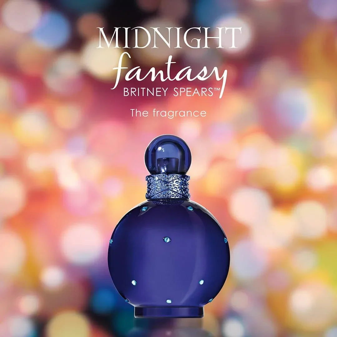 Britney Spears Midnight Fantasy fragrance bottle with decorative cap and sparkling details