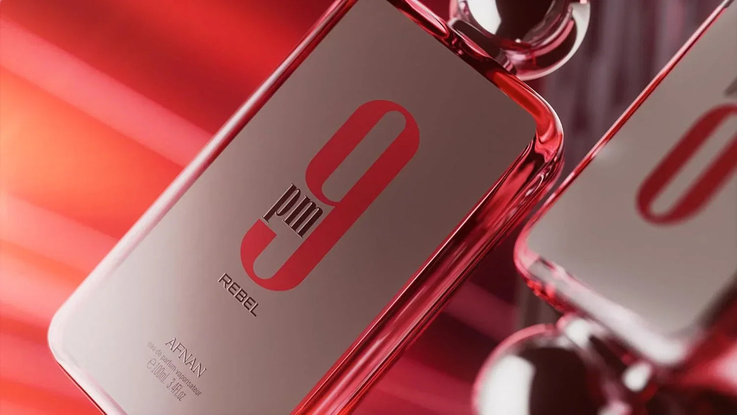 Afnan 9 PM Rebel eau de parfum 100ml fragrance bottle with red accents