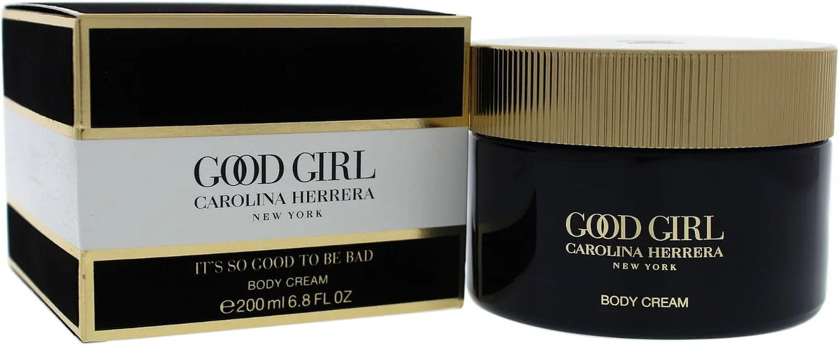 Carolina Herrera Good Girl Body Cream 200ml jar next to its black and gold packaging box.