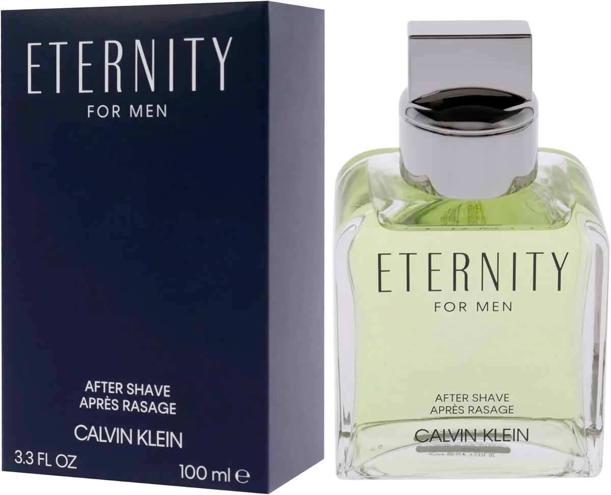 Calvin Klein Eternity For Men after shave bottle and packaging box. The bottle is made of clear glass showing a pale yellow-green liquid, with a silver cap.