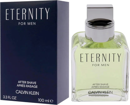 Calvin Klein Eternity For Men after shave bottle and packaging box. The bottle is made of clear glass showing a pale yellow-green liquid, with a silver cap.