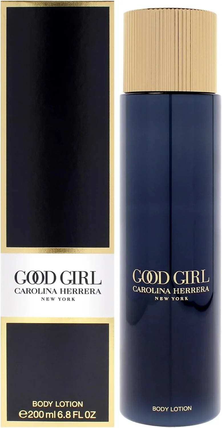 Carolina Herrera Good Girl Body Lotion 200ml bottle in dark navy blue with a gold cap, shown next to its black and gold packaging box.