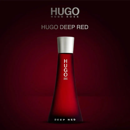 Hugo Boss Hugo Deep Red Eau de Parfum bottle with silver cap on dark red background