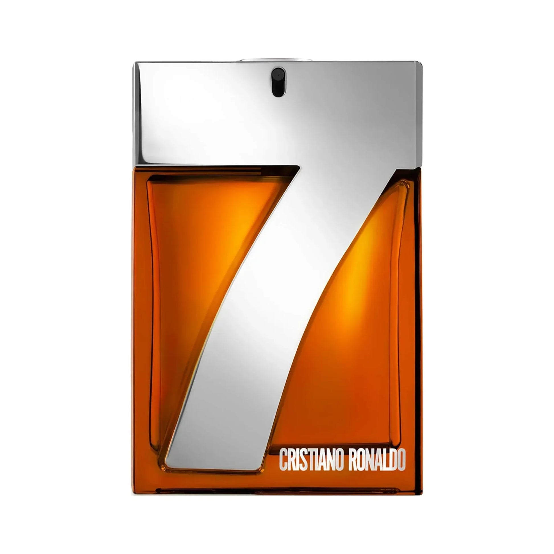 Cristiano Ronaldo fragrance bottle with amber liquid and silver cap, 100ml