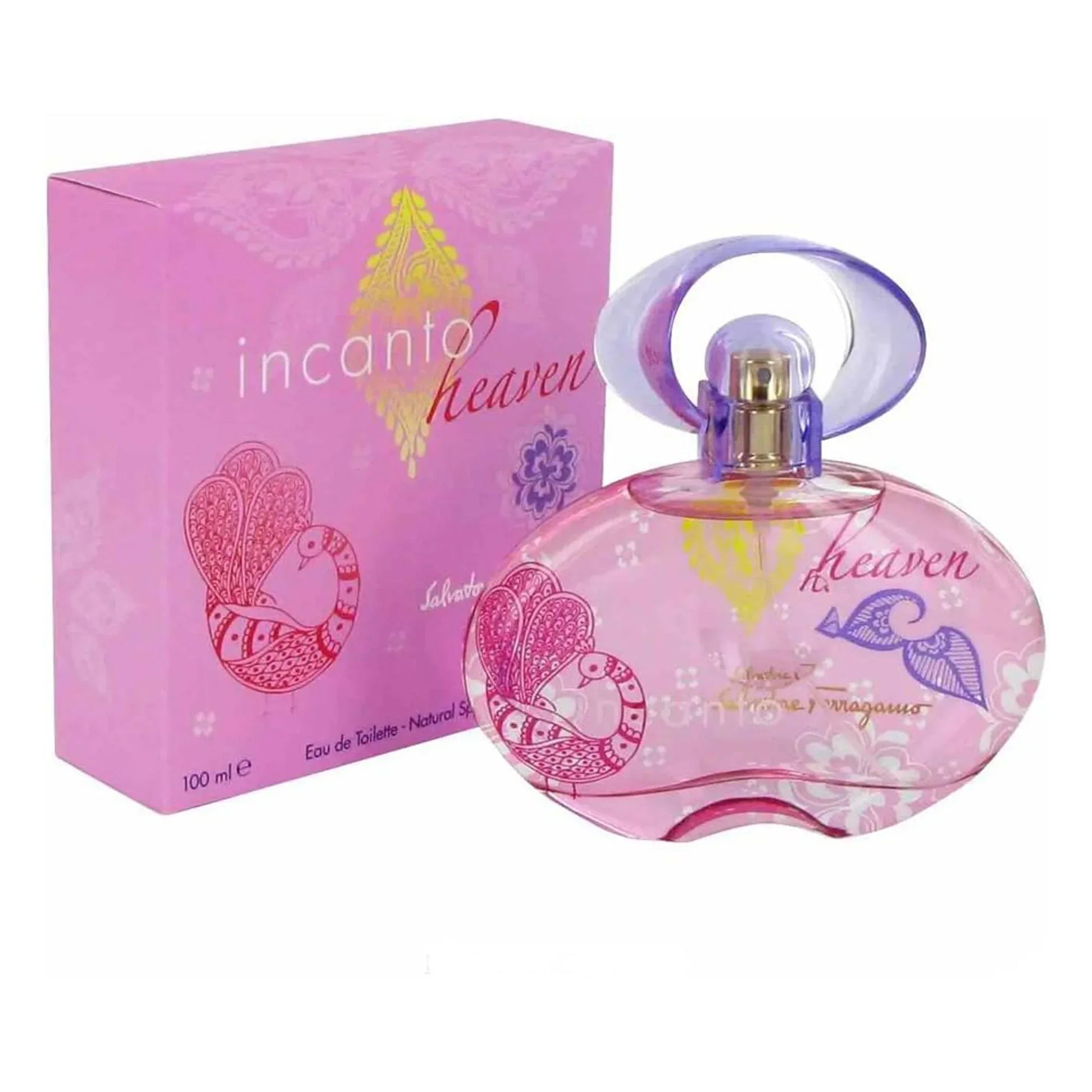 Pink Incanto Heaven perfume bottle and box with floral and bird designs, 100ml Eau de Toilette