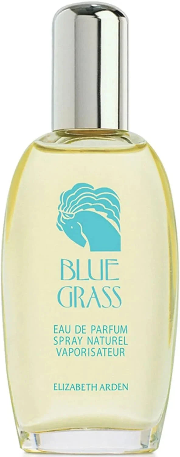 Elizabeth Arden Blue Grass Eau de Parfum spray bottle with a silver cap, containing pale yellow liquid with a turquoise graphic logo.