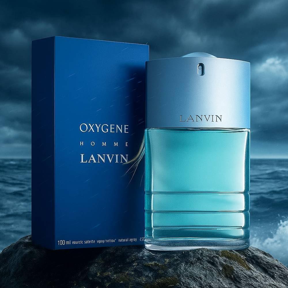 LANVIN OXYGENE HOMME fragrance bottle and packaging box displayed together on a dark rock against a stormy blue ocean background.