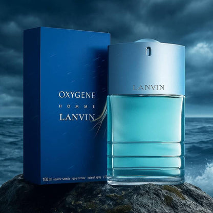 LANVIN OXYGENE HOMME fragrance bottle and packaging box displayed together on a dark rock against a stormy blue ocean background.