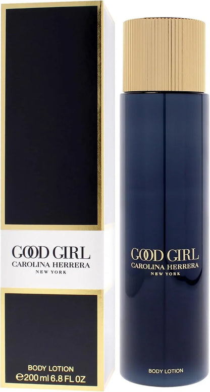 Carolina Herrera Good Girl Body Lotion 200ml bottle next to its black and gold packaging box.