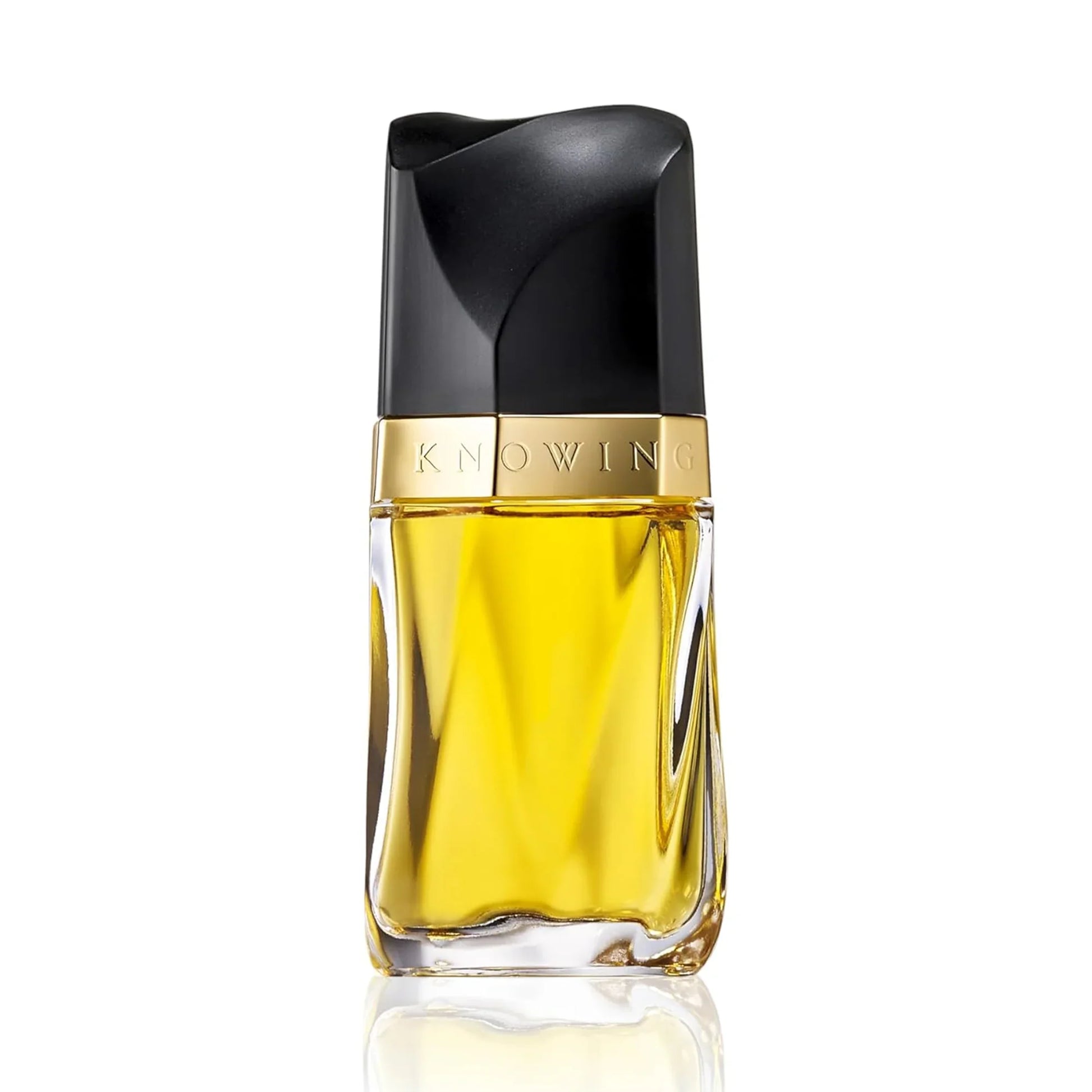 Estee Lauder Knowing Perfume bottle with black cap and gold body on a white background