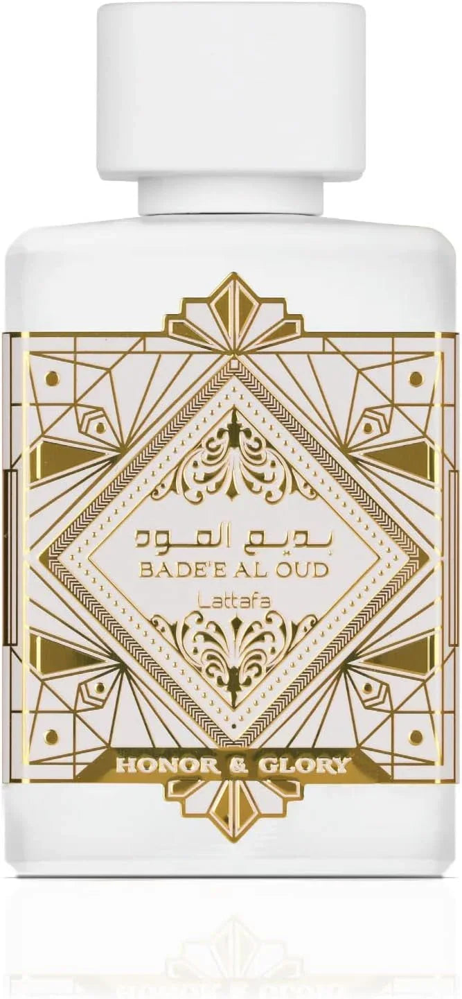 Lattafa Bade'e Al Oud Honor & Glory fragrance bottle with gold geometric design
