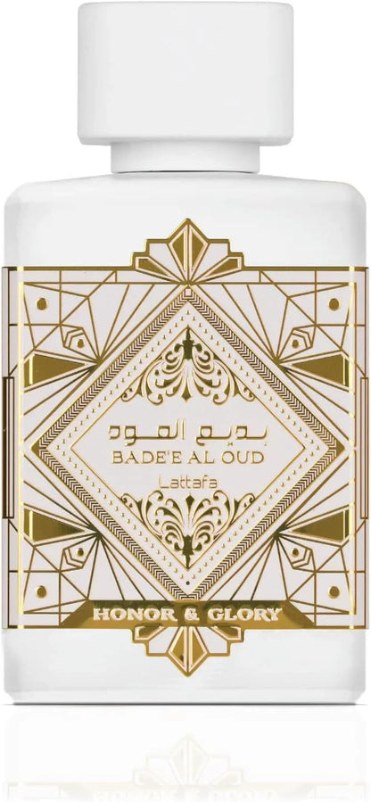 Lattafa Bade'e Al Oud Honor & Glory fragrance bottle with gold geometric design