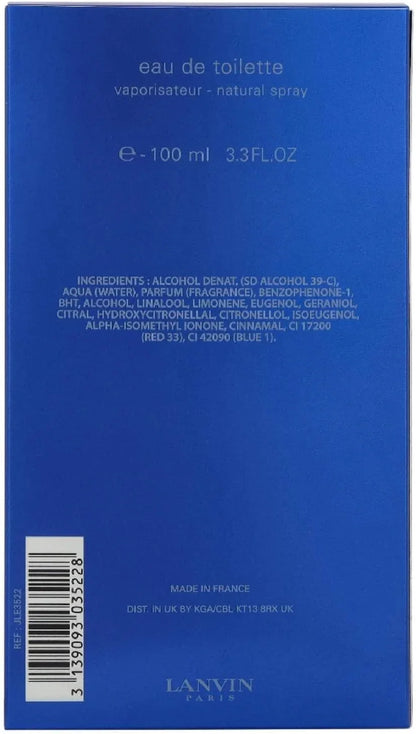 The back of a blue Lanvin Eau de Toilette box, showing product details, ingredients, a barcode, and the Lanvin Paris logo at the bottom.