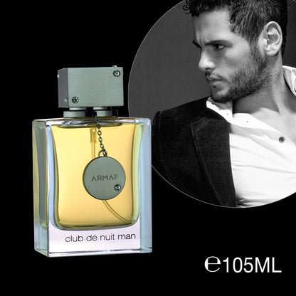 Armaf Club de Nuit Man perfume bottle with a man in a suit on a black background
