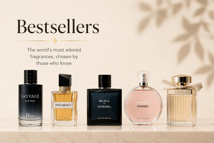 Dior Sauvage, YSL, Bleu de Chanel, Chance Chanel, Chloé fragrance bottles displayed on marble