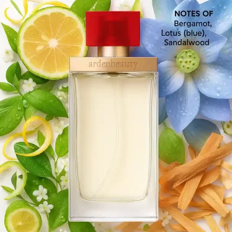 Arden Beauty fragrance bottle with bergamot, lotus, sandalwood notes, red cap, clear glass 100ml 30ml