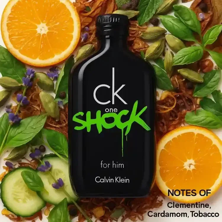 Calvin Klein CK One Shock for Him Eau de Toilette fragrance bottle with orange, cucumber, herbs