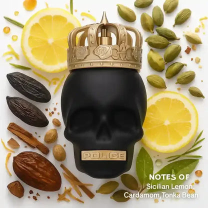 Police To Be The King Eau de Parfum 100ml bottle with lemon cardamom tonka bean notes