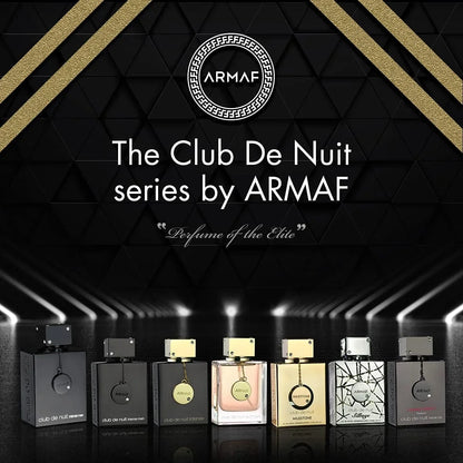 ARMAF The Club De Nuit series of perfumes displayed against a dark background with geometric patterns.