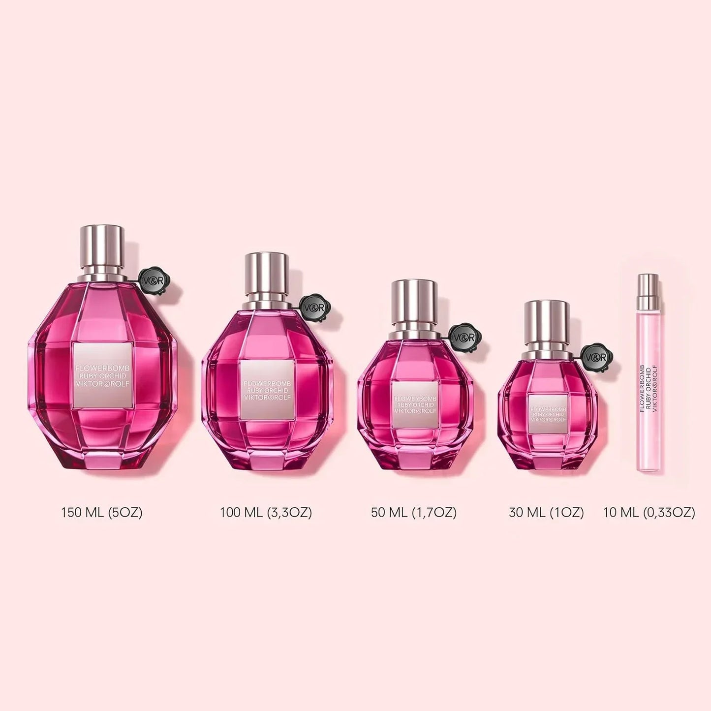 Viktor&Rolf Flowerbomb Ruby Orchid fragrance bottles in 150ml, 100ml, 50ml, 30ml, and 10ml sizes